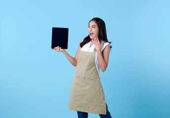 Entrepreneur asian woman using tablet computer on blue background.