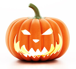 Jack-o'-lantern (carved pumpkin) isolated on white background. 3D illustration