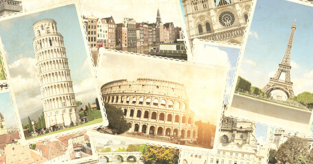 Vintage travel background with retro photos of european landmarks