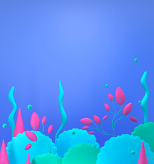 Obraz na płótnie Canvas Coral reef, bubbles and plants - marine card. Underwater ocean, sea plasticine background. Cute illustration in bright colors. Minimal 3d art style. Empty space for advertising baby products 