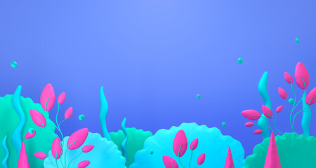Fototapeta na wymiar Coral reef, bubbles and plants - marine card. Underwater ocean, sea plasticine background. Cute illustration in bright colors. Minimal 3d art style. Empty space for advertising baby products 