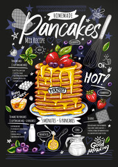 Food poster, pancakes recipe, ingredients, home made. Honey sweet, baked crepes, strawberry, breakfast, berries. Yummy cartoon style isolated Hand drew vector