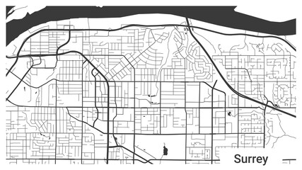 Map of Surrey city, British Columbia, Canada. Horizontal background map poster black and white, 1920 1080 proportions.