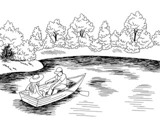 Boat lake park man and woman rowing in a graphic black white landscape sketch illustration vector