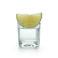 Shot of vodka and lime slice isolated on white background