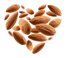 Almond nuts in the shape of a heart on a white background