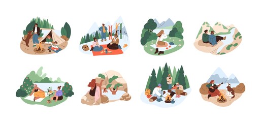 People resting in nature on adventure holidays. Set of families and friends relaxing outdoors. Colored flat cartoon vector illustration of winter and summer travelings isolated on white background