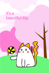 Cartoon landscape sakura cat playing carpet vector design illustration