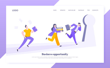 Obraz na płótnie Canvas Business key opportunity concept with keyhole and ambitious people running to career potential and work financial success flat style vector illustration. New way business beginnings and unlock future.