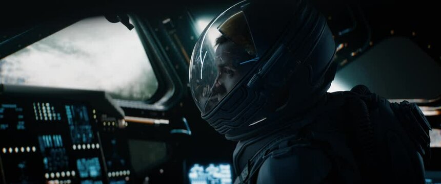 Portrait of Caucasian male astronaut inside spaceship cockpit. Sci-fi space exploration concept. Shot with 2x Anamorphic lens