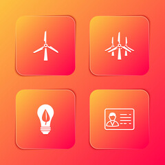 Set Wind turbine, turbines, Light bulb with leaf and Identification badge icon. Vector.