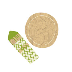 Eco friendly set of dishes. Simple icon of wood cutlery set and plate..Free plastic. Zero waste concept in cartoon flat design. .
