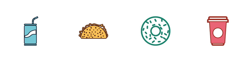 Set Soda can with drinking straw, Taco tortilla, Donut and Coffee cup icon. Vector.