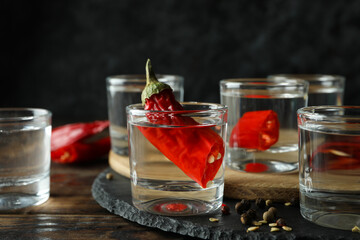 Shots of vodka and pepper on wooden background, close up
