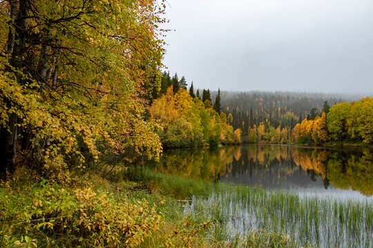 Beautiful reflection of autumn colors on river surface during autumn foliage at Finnish Lapland near Kuusamo © Kersti Lindström