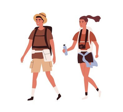 Young active couple traveling together with backpacks on summer holidays. Happy tourists walking with bags, camera and water. Colored flat vector illustration of travelers isolated on white background