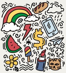 Set of colorful doodle on paper background