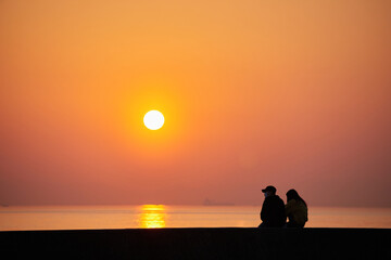 Naklejka na ściany i meble 海岸で座って綺麗な夕焼けを見ているカップルの姿