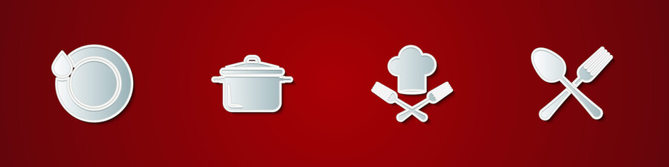 Set Washing dishes, Cooking pot, Chef hat and fork and Crossed spoon icon. Vector.