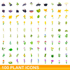 100 plant icons set. Cartoon illustration of 100 plant icons vector set isolated on white background
