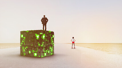 Businessman and woman standing. Shine square. Light geometry. Smart code. Energy effect. Big data. Digital chip. Glare grid lines. Glow cubes. CPU core. Hi Tech. Mobile innovation.