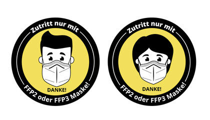 Head of man and woman in protective masks ffp2. Black and white illustration with yellow.