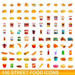 100 street food icons set. Cartoon illustration of 100 street food icons vector set isolated on white background