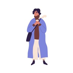 Young woman standing in casual warm clothes warming hands with cup of takeaway hot drink in winter. Colored flat vector illustration of modern person in fashion apparel isolated on white background