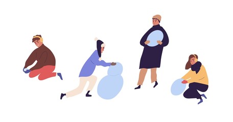 Happy family with kids making snowman and playing with snow. People spending time together in wintertime. Colored flat vector illustration of parents with children isolated on white background.