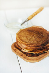 homemade pancakes in a stack 