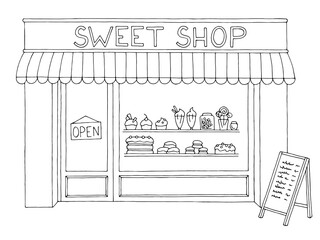 Sweet shop exterior confectionery store graphic black white sketch illustration vector