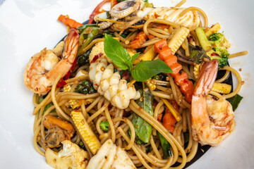 Spaghetti Seafood is a Italian food that is decorated within plate beautifully and It is a popular food.