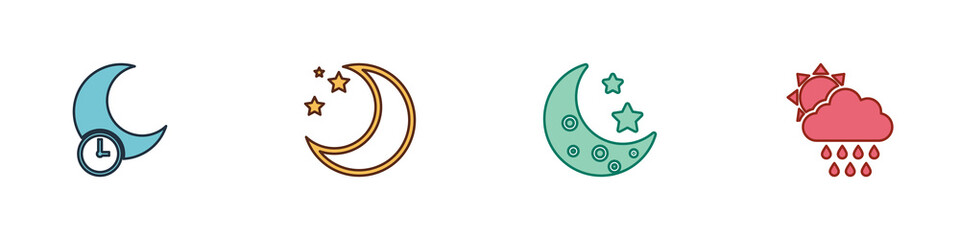 Set Sleeping moon, Moon and stars, and Cloud with rain sun icon. Vector. © vector_v