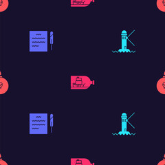 Set Lighthouse, Feather pen and scroll, Bottle with ship inside and Bomb ready to explode on seamless pattern. Vector.