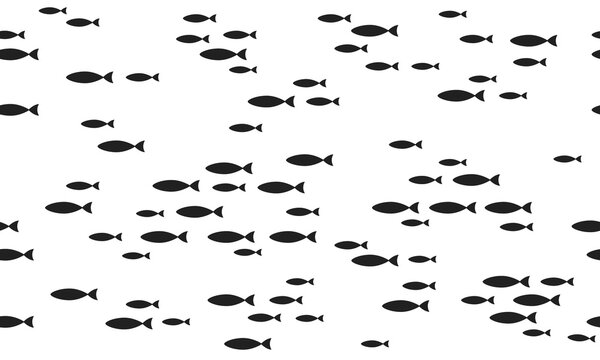 Silhouettes school of fish with marine life of various sizes swimming fish seamless pattern flat style design vector illustration. Colony of big and small sea animals.