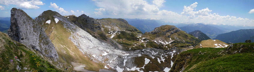 Fototapeta na wymiar Panorama, view of the Rofan Mountains at the Achensee, near Maurach, Austria
