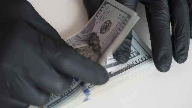 Hands in black gloves are counting money. One hundred US dollar bills.
