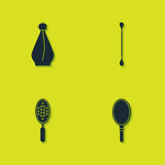 Set Perfume, Hand mirror, Hairbrush and Cotton swab for ears icon. Vector.
