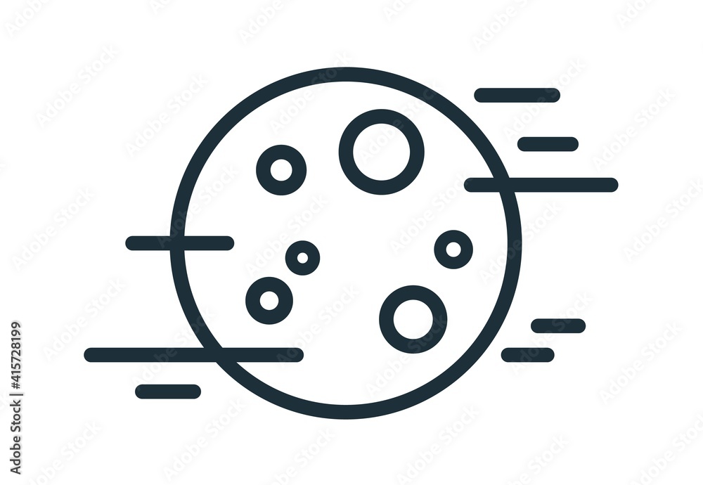 Poster Simple weather icon with fog and full moon with craters. Symbol of foggy night time in line art style. Linear flat vector illustration isolated on white background