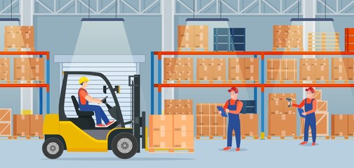 Warehouse interior with cardboard boxes. Staff surrounded by boxes on rack and transport of storehouse interior. pallet trucks, forklift truck. Vector illustration in flat style