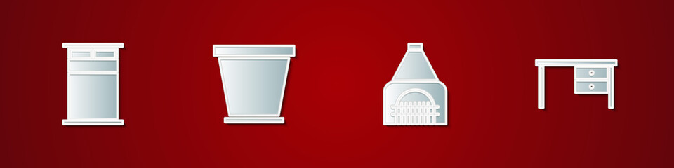 Set Big bed, Flower pot, Interior fireplace and Office desk icon. Vector.