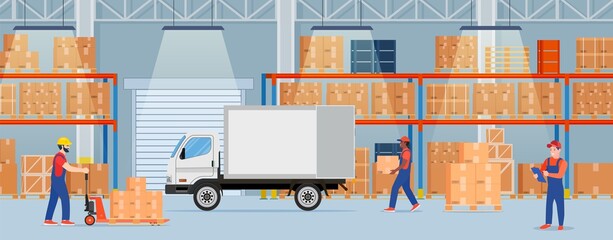 Warehouse interior with cardboard boxes and cargo truck. Staff surrounded by boxes on rack and transport of storehouse interior. pallet trucks, forklift truck. Vector illustration in flat style