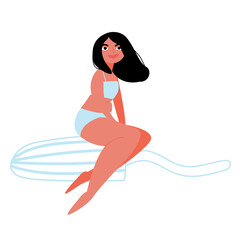 Cartoon young girl in underwear sitting on a tampon. Vector hand-drawn illustration of happy women on tampons. Female menstruation. The concept of women's health and healthcare. Feminine design.