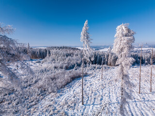Aerial view of partially deforested landscape with creek, winter theme. Czech Republic, Vysocina region highland