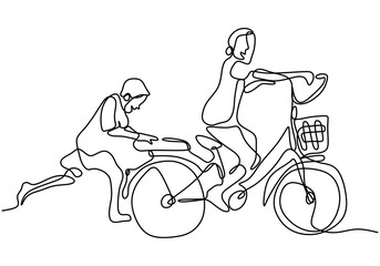 One continuous drawn line of a son teaches his sister to ride a bicycle. Young sister and brother playing a bicycle isolated on white background. Happy family concept. Vector illustration