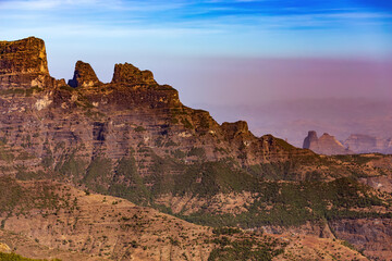 Fototapeta na wymiar hills panorama of beautiful Semien or Simien Mountains National Park landscape in Northern Ethiopia near lalibela and Gondar. Africa wilderness