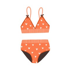 Female two-piece swimsuit. Top and bottom of swimwear. Women bikini with pattern, wireless cups, wide elastic band on bra and waistband on panties. Flat colored vector illustration isolated on white