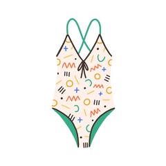 Female one-piece swimsuit. Modern swimwear with bright multicolor geometric pattern. Women swimming clothes with crossed straps on back. Flat colorful vector illustration isolated on white background