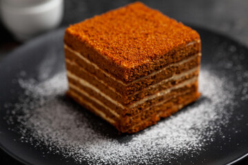 Piece of sweet tasty homemade honey cake. Close up. 