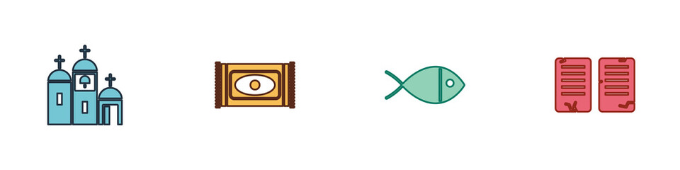 Set Church building, Traditional carpet, Christian fish and The commandments icon. Vector.